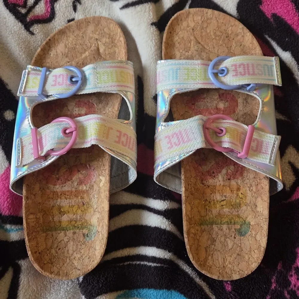 Justice Holographic Rainbow Double Strap Slide Sandals Silver Sz 4 Summer Beach